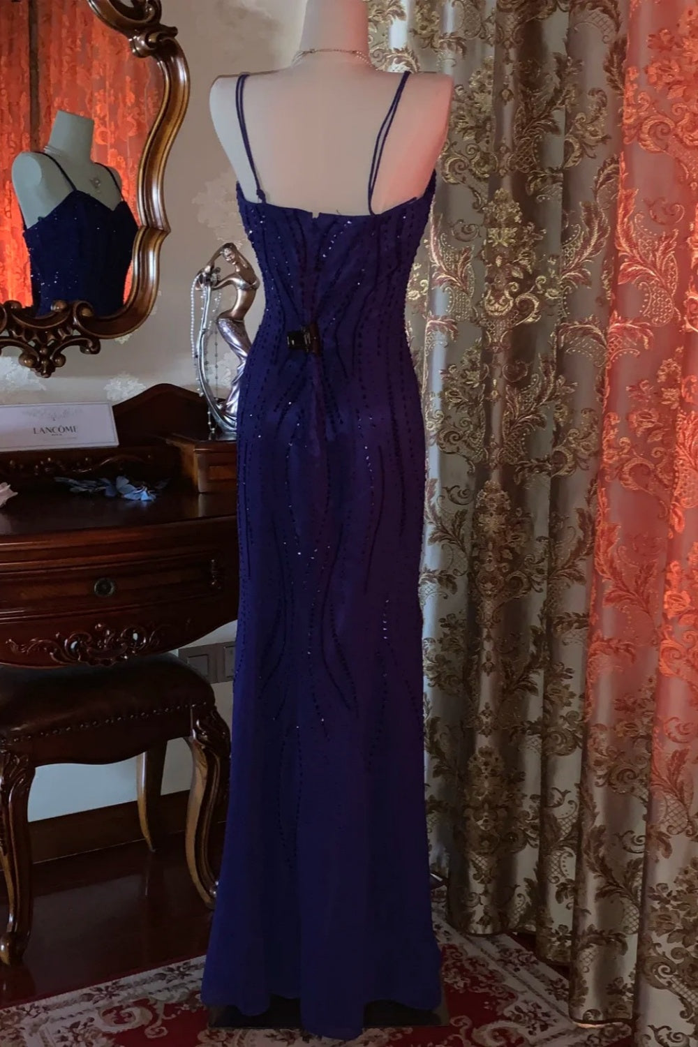 Luxury Shimmer Style Royal Blue Beaded Camisole Mermaid Floor-Length Gown - Elegant Dress for Dinner & Cocktail Party NV6369