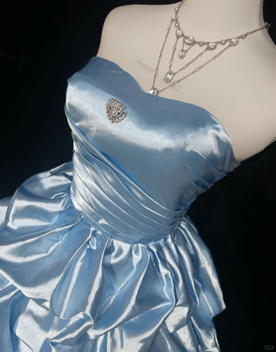 Light Blue Strapless Short Homecoming Dress Ruched Satin Puffy Ruffle Skirt Rhinestone Formal Cocktail Gown  NV6907