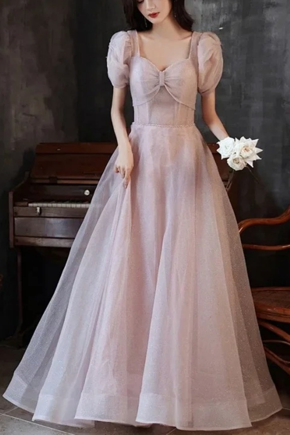 Pink long ball dress, princess bridesmaid dress, short sleeved dress NV6725