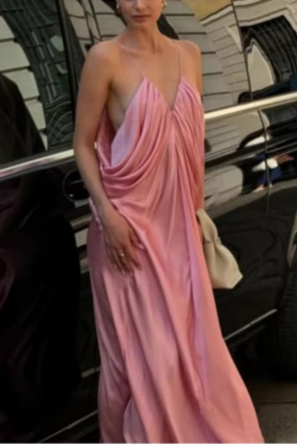 Pink fashion V-neck elegant long satin prom dress bridesmaid dress wedding guest party dress nv5214