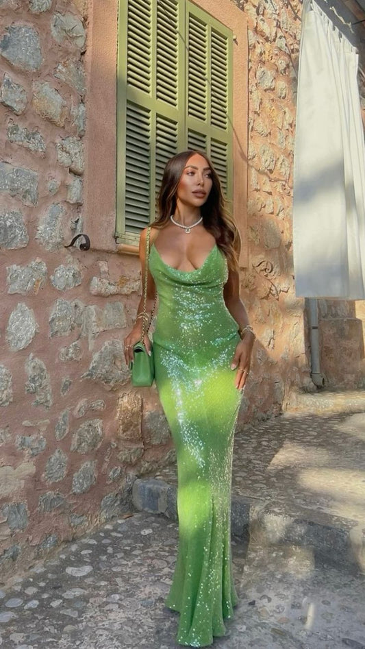 Robe de soirée longue à paillettes, verte, à la mode, nv4768