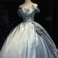 Ice Blue Satin Long Evening Gown Off The Shoulder Puffy Ball Gown with 3D Roses Prom Dress  NV7067