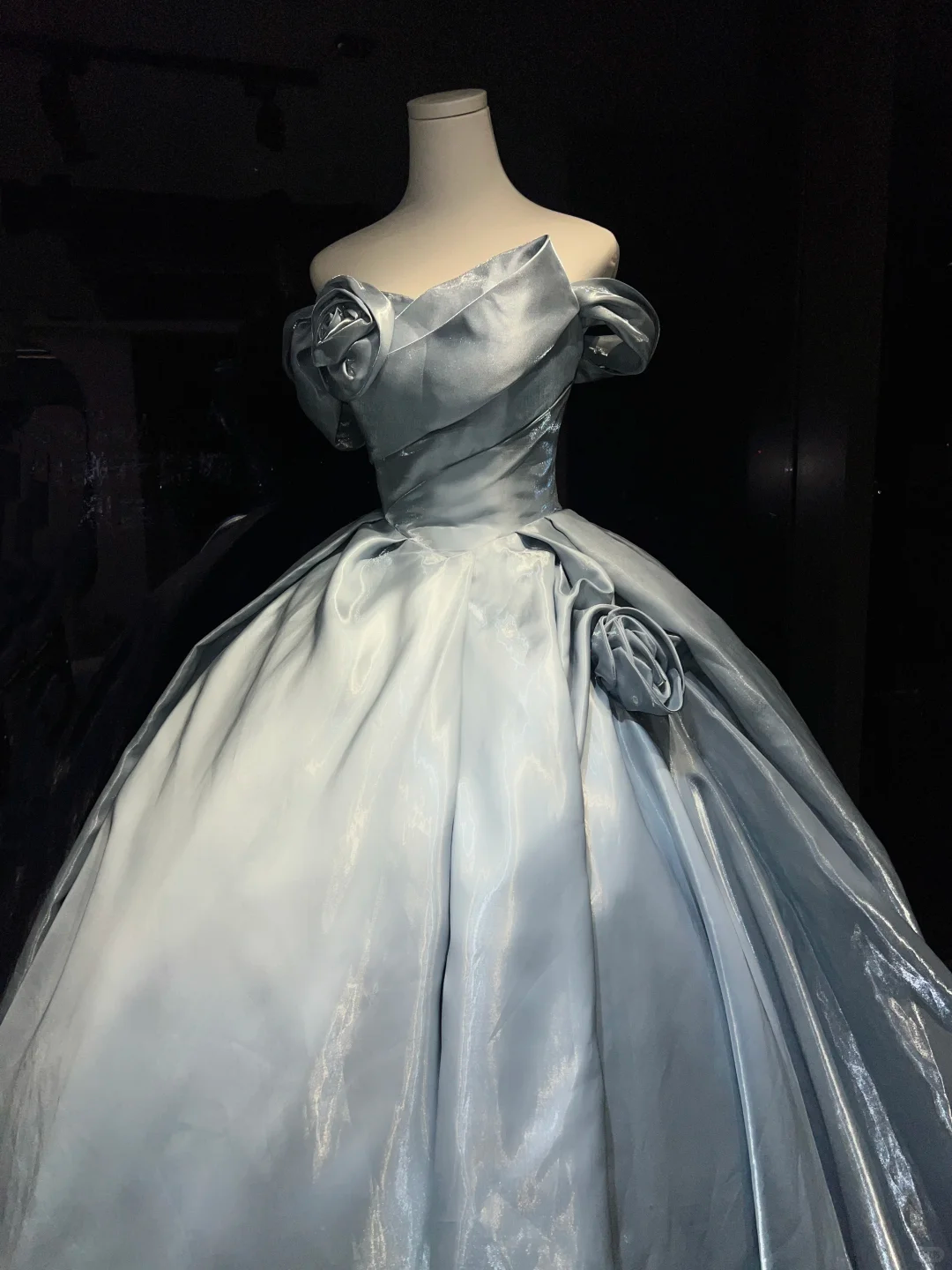 Ice Blue Satin Long Evening Gown Off The Shoulder Puffy Ball Gown with 3D Roses Prom Dress  NV7067