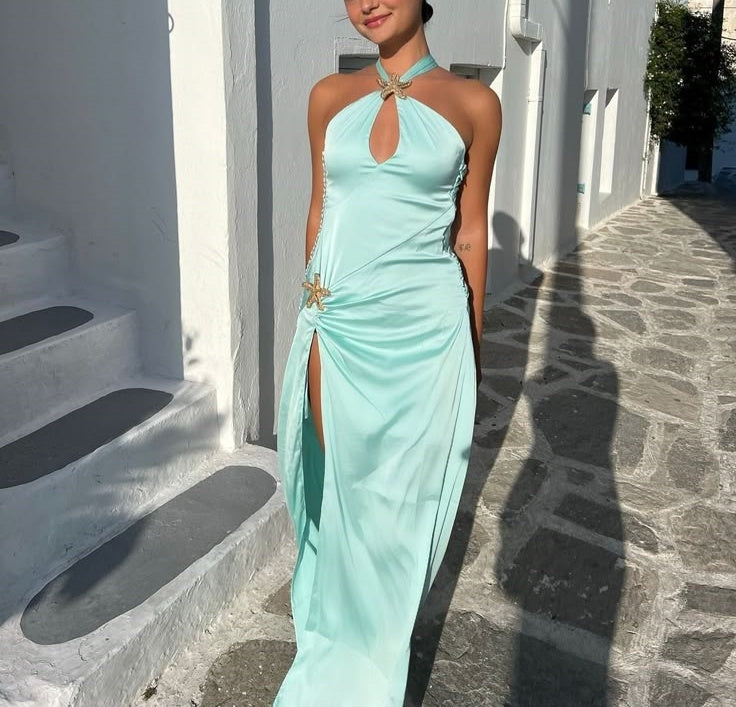Blue Ocean Goddess Satin Long Prom Dress Evening Gown Party Dress nv4763