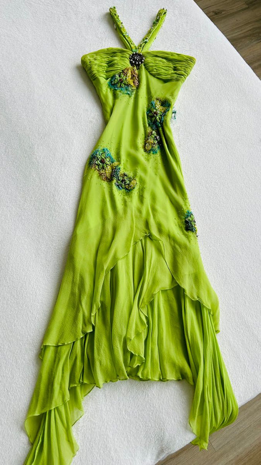 NiceVestidos--Green exquisite floral chiffon spaghetti strap mid-length prom dress fairy dress NV5708