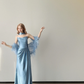 Dusty Blue Strapless Satin Evening Dress With Detachable Feather Sleeves & Rhinestones  NV7143