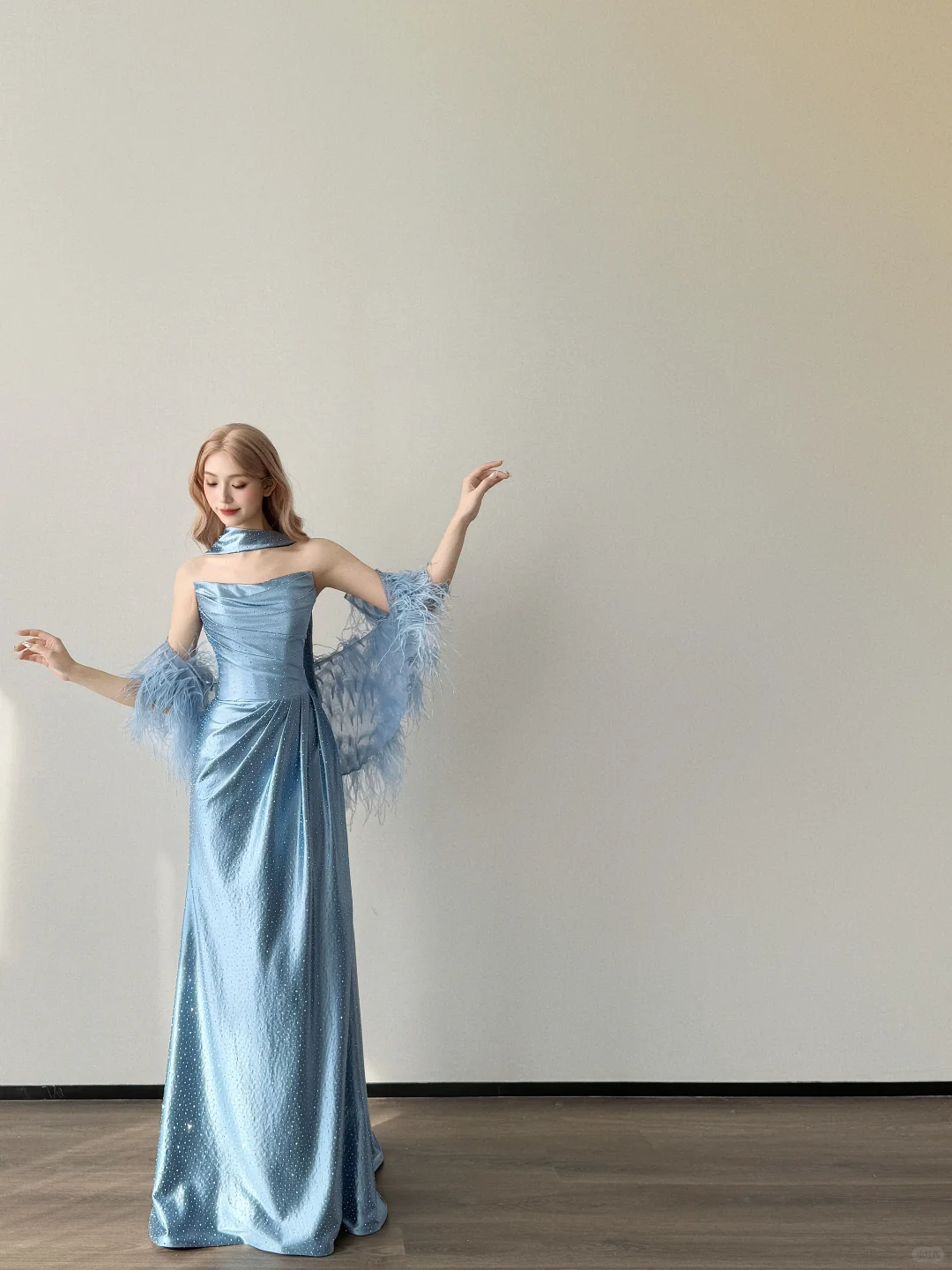 Dusty Blue Strapless Satin Evening Dress With Detachable Feather Sleeves & Rhinestones  NV7143