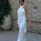 Robe de soirée longue en satin blanc à bretelles croisées, tenue de soirée unique, nv3497