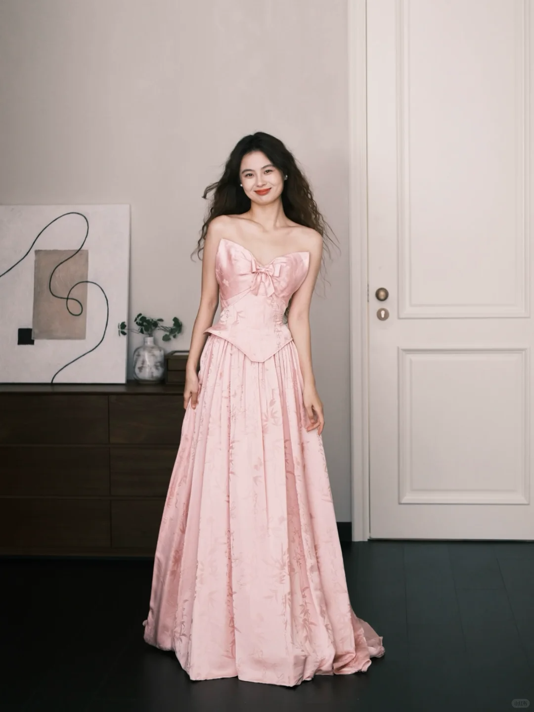 Strapless Dusty Pink Satin Jacquard Evening Gown, Bow Detail Corset Prom Dress with Train  NV7388