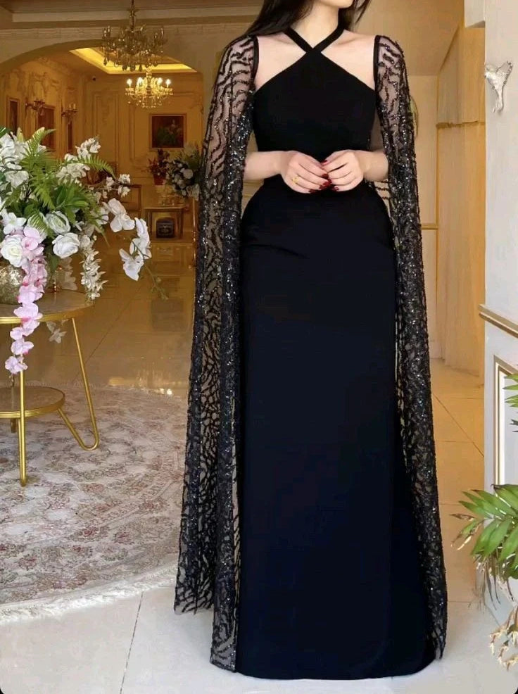 Black stylish elegant long sleeve exquisite Sequins long satin ball gown evening dress party dress nv2165