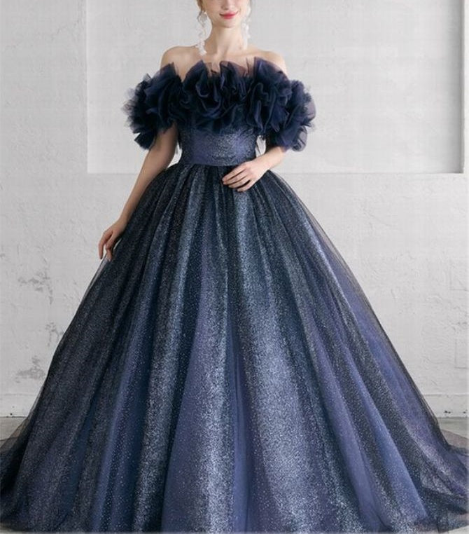 Robe de bal longue en tulle bleu marine scintillant NiceVestidos NV6135