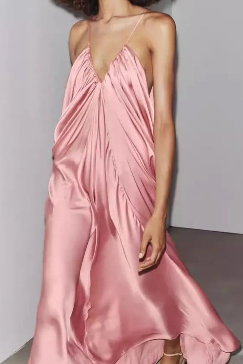 Pink fashion V-neck elegant long satin prom dress bridesmaid dress wedding guest party dress nv5214