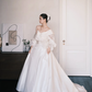 Off Shoulder Fold Satin Ballgown Wedding Dress with Lace Puff Sleeves  NV7368