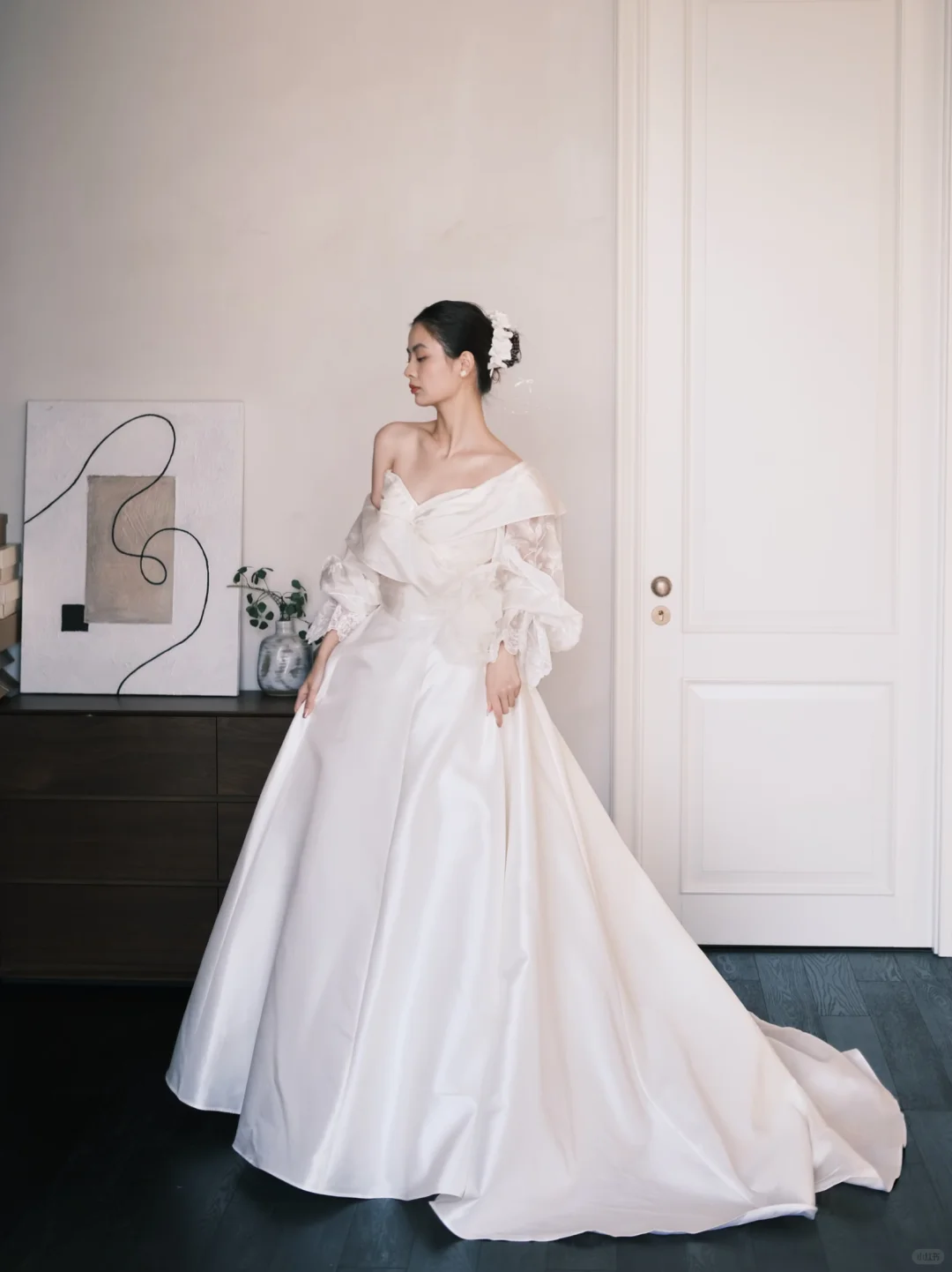 Off Shoulder Fold Satin Ballgown Wedding Dress with Lace Puff Sleeves  NV7368