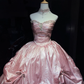 Strapless Shimmer Pink Prom Dress Vintage Satin Ruched Rhinestone Bow Ball Gown  NV7053