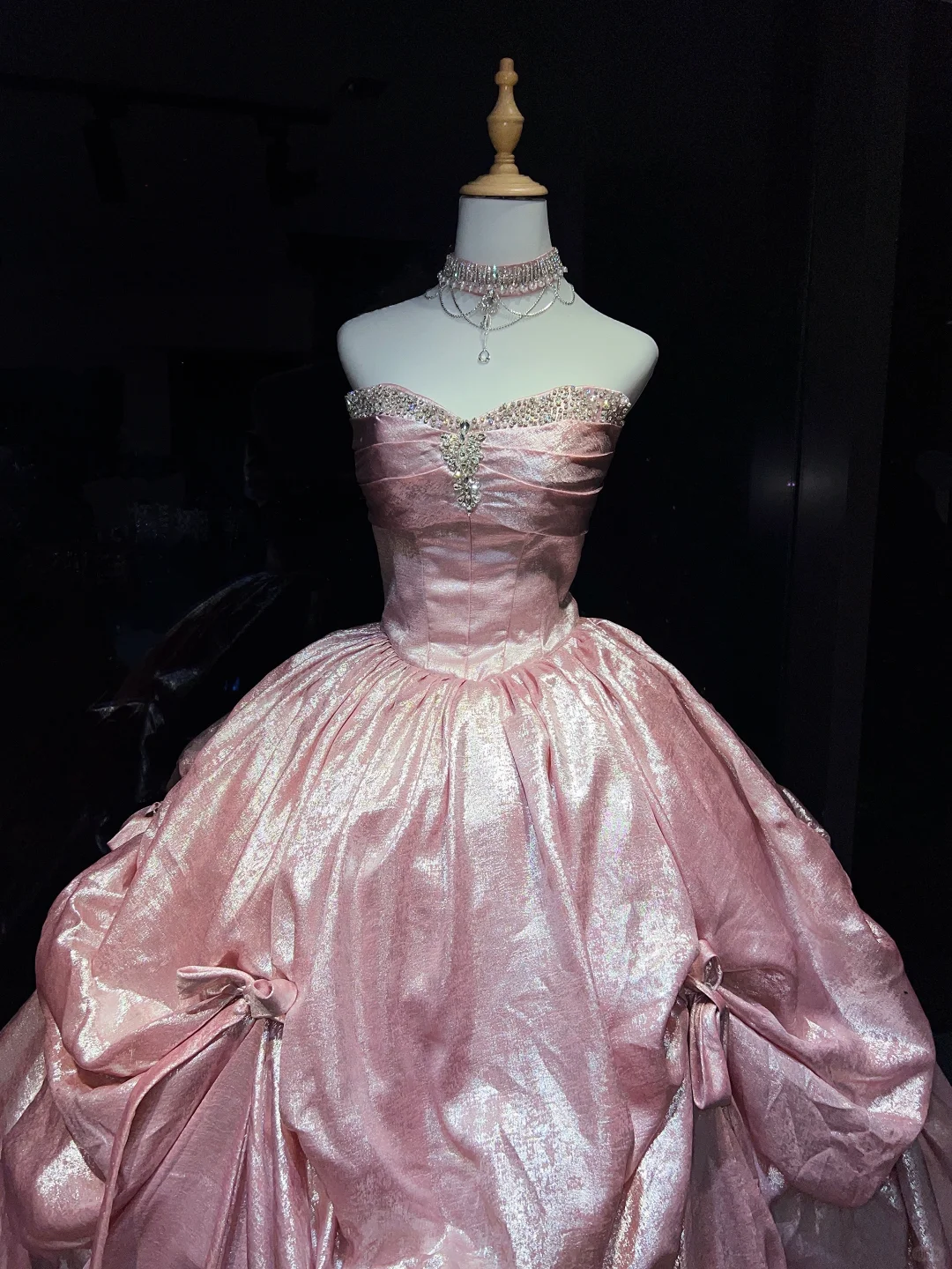Strapless Shimmer Pink Prom Dress Vintage Satin Ruched Rhinestone Bow Ball Gown  NV7053