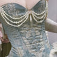 Robe de soirée longue sans bretelles à perles vintage élégante verte et blanche nv2599