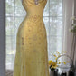 Yellow gorgeous beaded spaghetti strap A-line chiffon long ball gown evening dress party dress nv4229