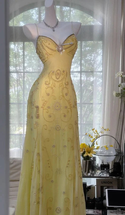 Yellow gorgeous beaded spaghetti strap A-line chiffon long ball gown evening dress party dress nv4229