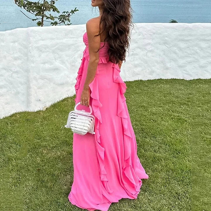 Pink Fashion Strapless Off-shoulder Waist Irregular Ruffle Long Elegant Ball Gown Evening Gown Party Dress nv3333