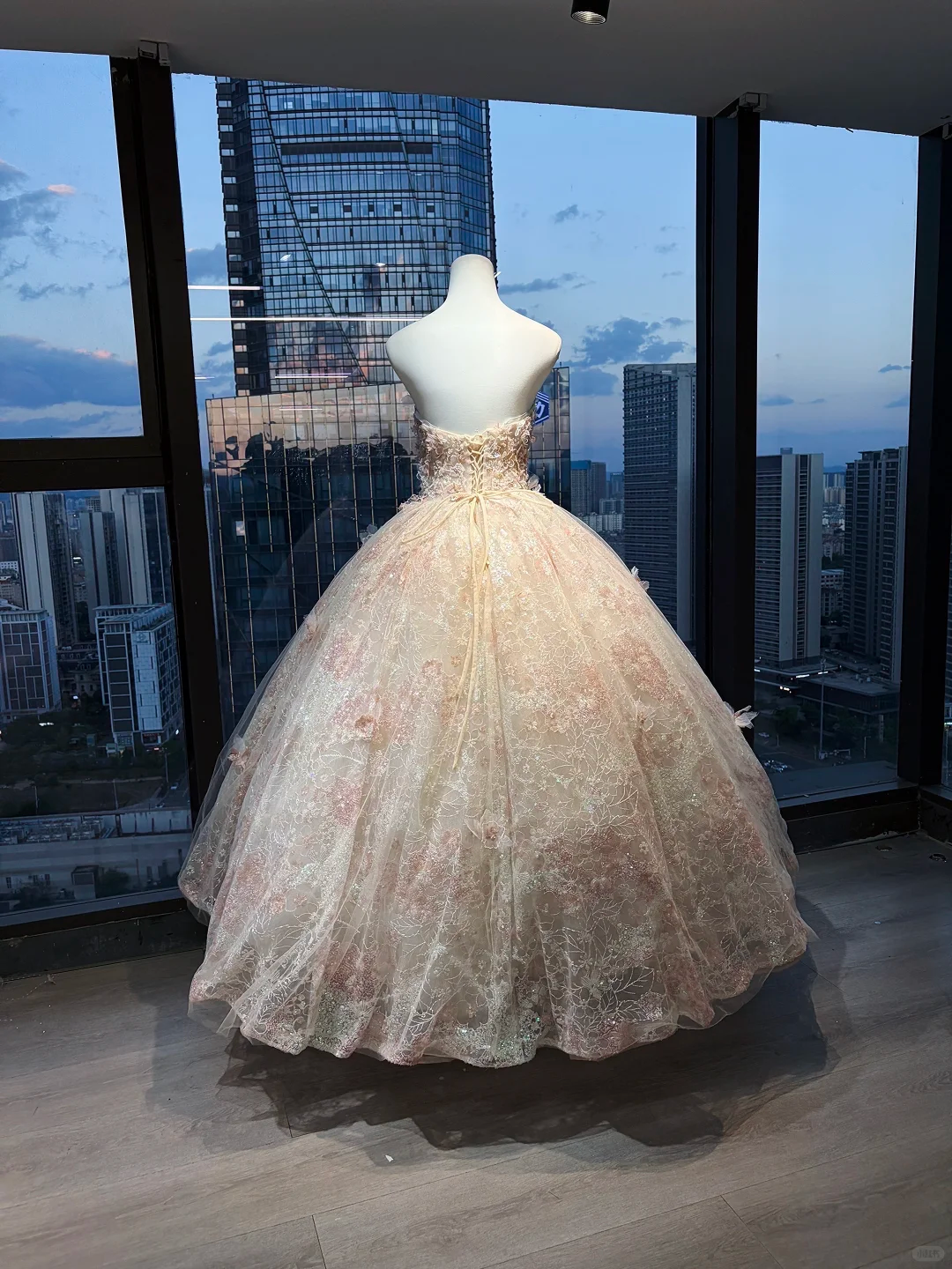 Strapless Champagne Pink Prom Dress 3D Flowers Hand Beading Lace Sequin Tulle Ball Gown  NV7048