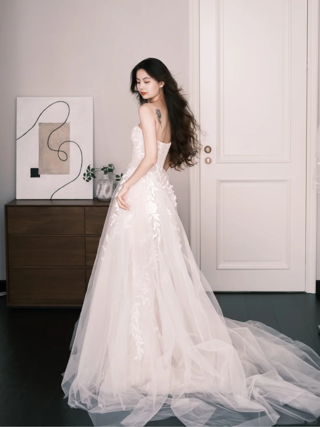 Tulle A Line Wedding Dress Strapless 3D Floral Applique High Slit Bridal Gown  NV7243
