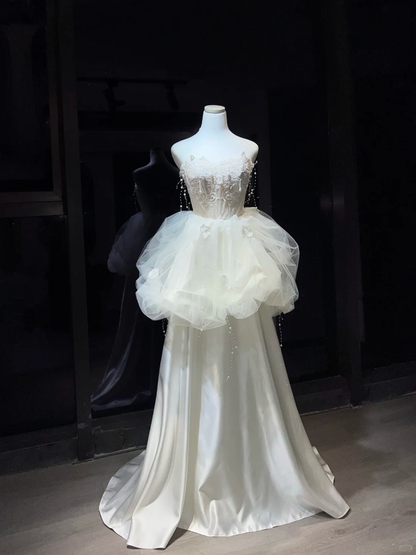 Ivory Strapless 2-in-1 Wedding Gown Lace Pearl Tassel Tulle & Satin Prom Evening Dress  NV7078
