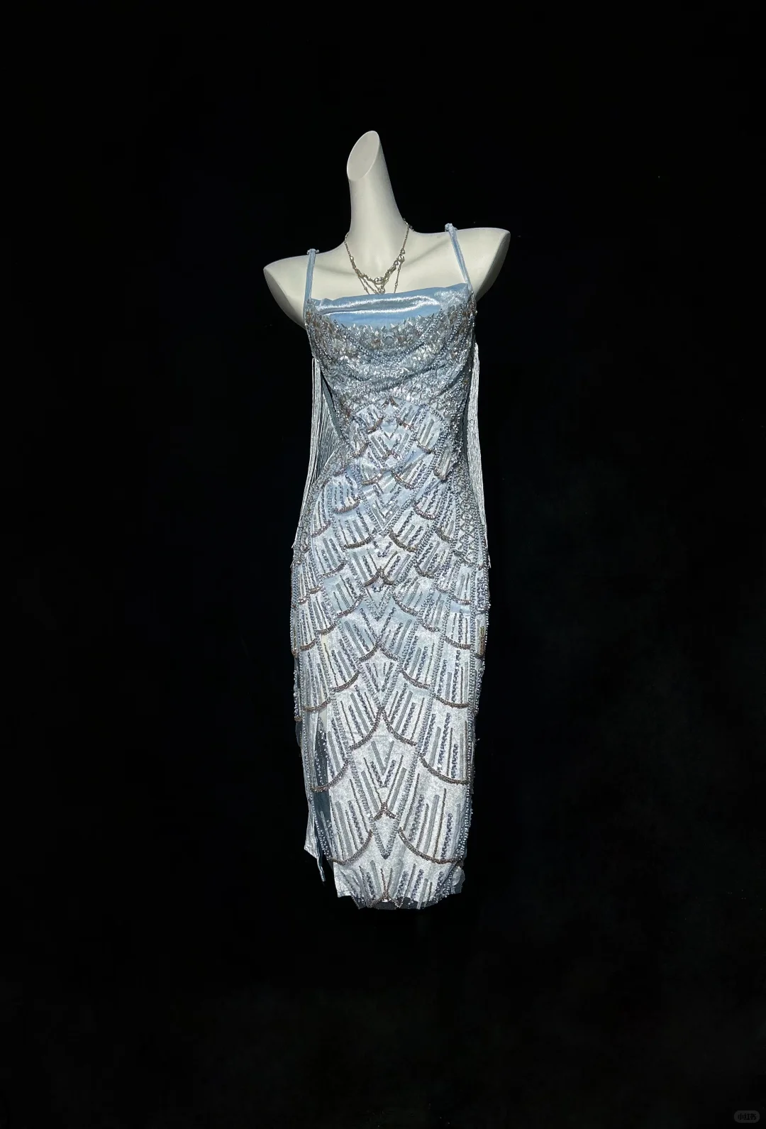 1920s Gatsby Style Ice Blue Spaghetti Straps Midi Formal Dress Heavy Hand Beading Geometric Scale Pattern With Side Ribbons  NV6889