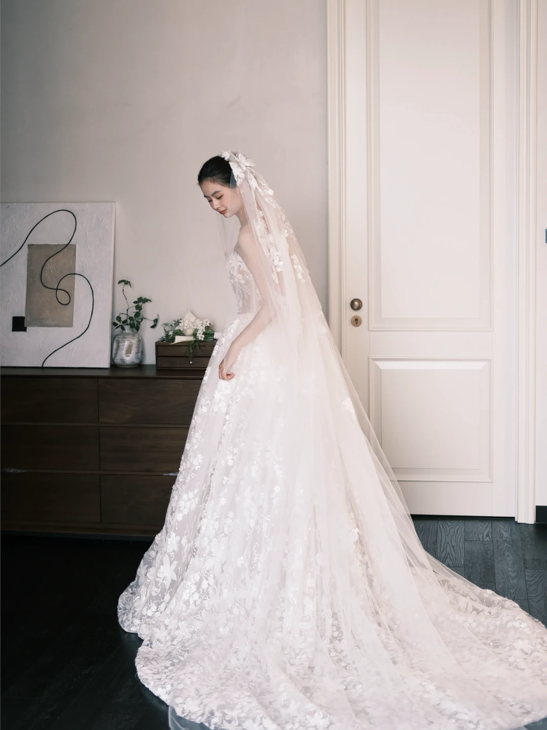 Off Shoulder Ivory Lace Wedding Gown, 3D Floral Appliques Sheer Corset Ballgown Bridal Dress  NV7392