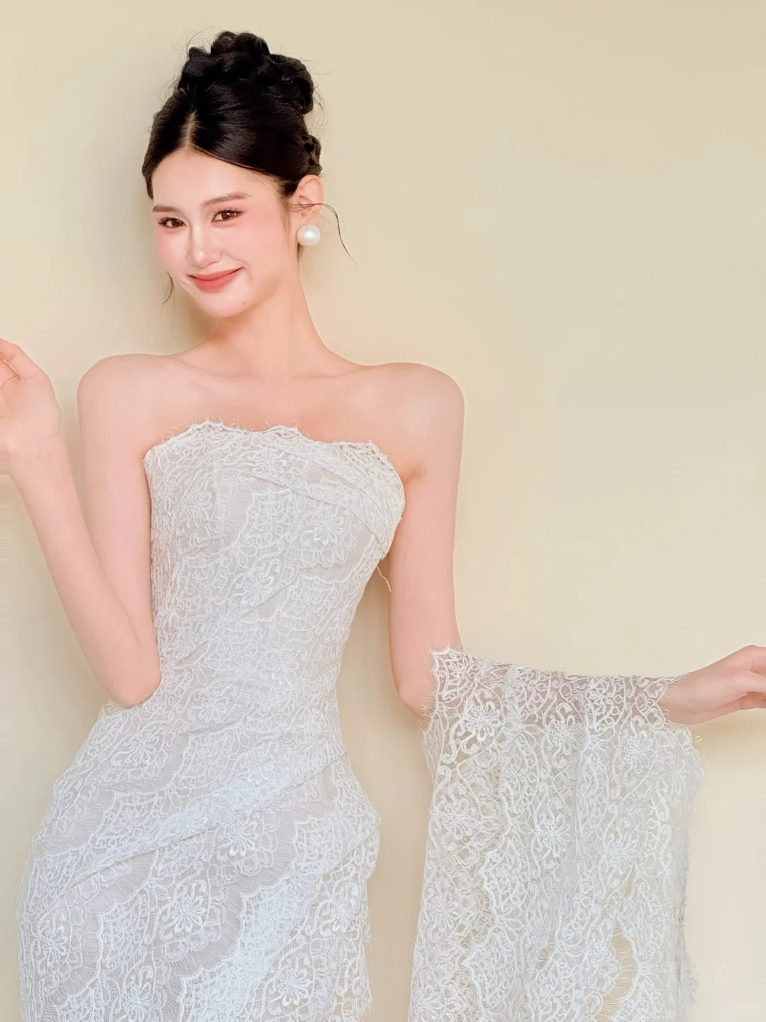 Strapless White Lace Mermaid Gown with High Slit & Ruffle Train  NV7415