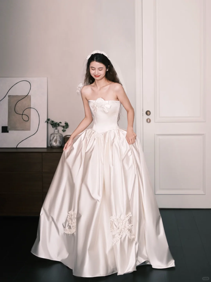 Strapless Satin Princess Ballgown Wedding Dress with 3D Bow Flower  NV7369