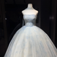Dusty Blue Cloud Tulle Long Evening Gown Strapless Puffy Ball Gown Prom Dress with Cape  NV7077