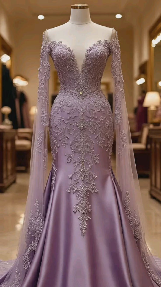 NiceVestidos-Lila Zartes Spitzen-Satin-Abendkleid NV6129