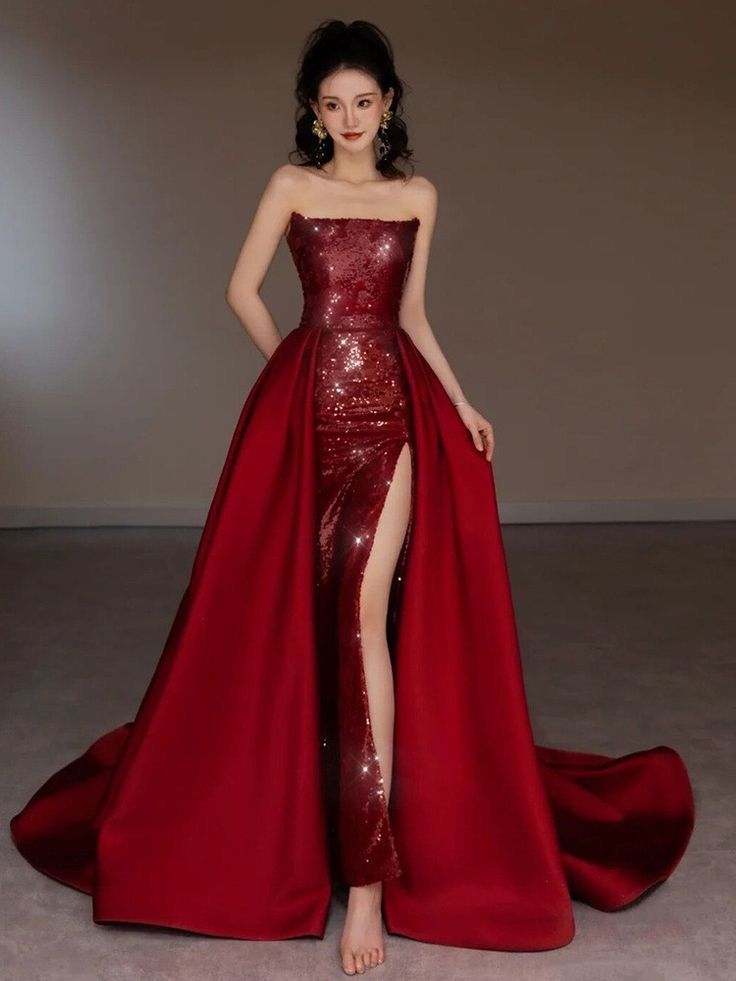 Robe de soirée sirène rouge à épaules dénudées et paillettes, ligne A, longue fente, robe de bal, robe de soirée nv2515
