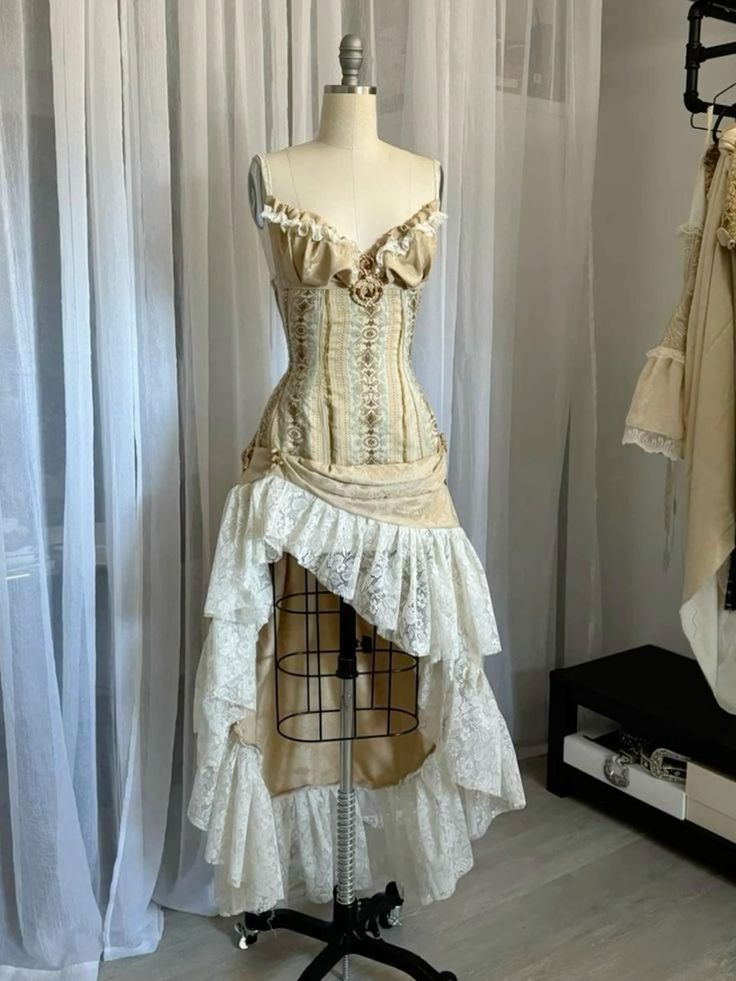 Beige Lace Paneled High-Low Asymmetrical Gown NV6239