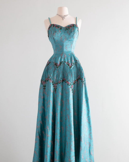 NiceVestidos-Blue Spaghetti Strap Floral Long Satin Homecoming Dress Party Gown nv5526