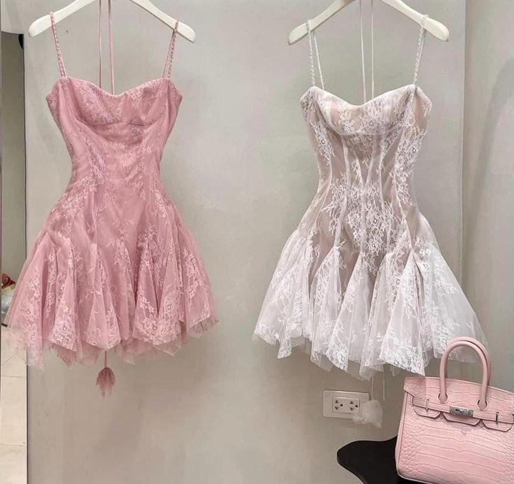 Light /Dark Pink Sweet Spaghetti Strap Lace Short Princess Homecoming Dress Party Dress Graduation Dress nv3287