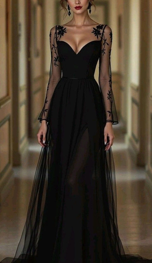 Black Tulle Embroidery Sheer Sleeve Gown: Deep V Neck, Side Slit Skirt, Evening Sexy Maxi Dress NV6434