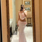 Robe de soirée longue en deux pièces rose élégante à fleurs tridimensionnelles nv2843