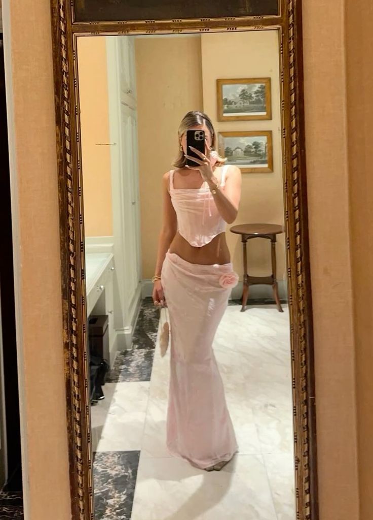 Robe de soirée longue en deux pièces rose élégante à fleurs tridimensionnelles nv2843