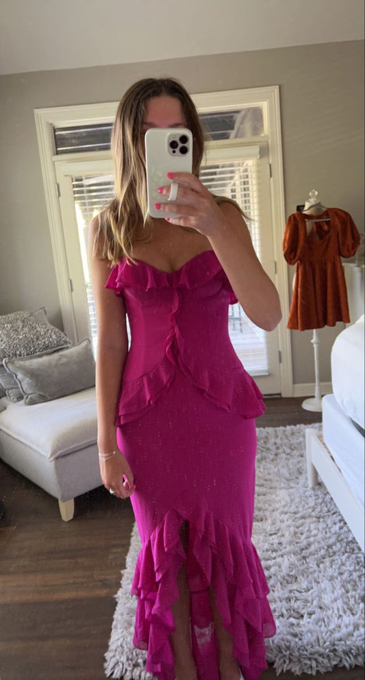 Rosa Maxikleid mit Spitzenrüschen, langes Ballkleid, Abendkleid, Partykleid, nv2686