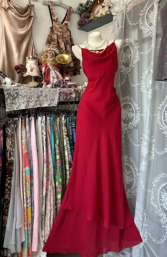 NiceVestidos--Sleeveless Red Chiffon Mermaid Dress, Elegant Temperament Floor - length Evening Dress NV5770