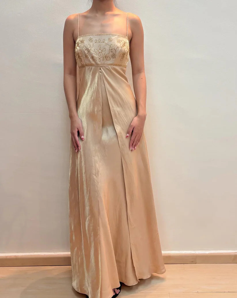 NiceVestidos – Exquisites, florales, perlenbesetztes Feenkleid, ärmellos, champagnerfarbenes Satin, A-Linie, bodenlanges Abendkleid mit Spaghettiträgern, Ballkleid NV5774