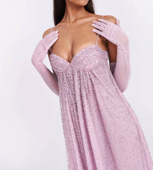 Pink gorgeous shiny spaghetti strap off-shoulder long chiffon prom dress evening dress nv5213