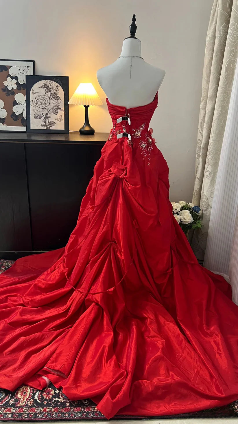 Red Satin Train Gown | Embellished Vintage Court Style | Evening/Party Toast Dress NV6316
