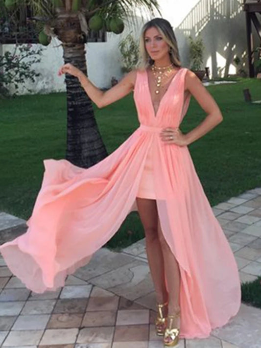A Line V Neck Ruffles Pink Chiffon Long Prom Dresses, Pink V Neck Formal Dresses, Pink Long Evening Dresses nv1492