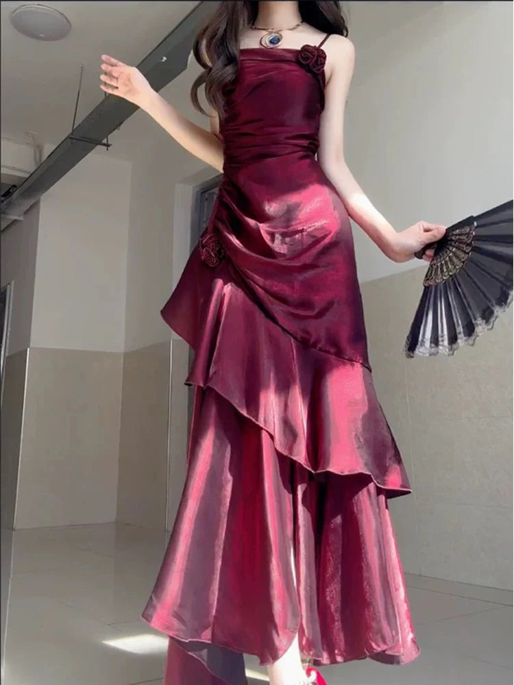 Burgundy Shiny Fashion Spaghetti Strap Long satin Ball Gown Evening Dress Party Dress nv3580