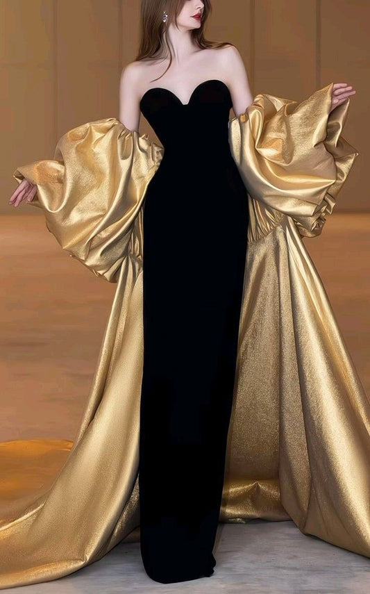 NiceVestidos-_Black Fitted Minimalist Fashion Dress With Gold Shawl NV6070