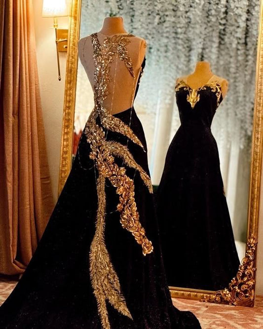 Robe de soirée longue en velours noir, glamour et ornée de perles exquises (NV6097)