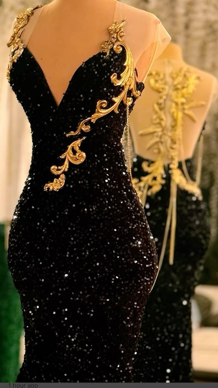 NiceVestidos-Black, Glamorous, Long Sequined Evening Gown With Delicate Gold Embellishments. NV6098